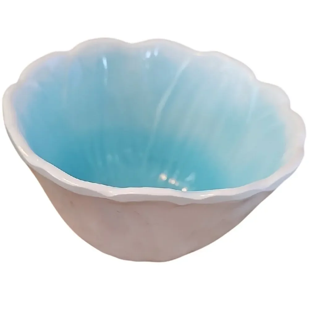 Pier 1 Imports Glossy Flower-Shaped Ceramic Bowl in Aqua and White - Snacks Dips